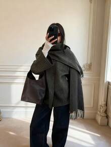 1 件女士优雅休闲百搭条纹西装外套配围巾套装，独特设计长袖羊毛大衣和别致女士常规款大衣流苏围巾落肩袖圆领无弹力面料细条纹图案 - 深灰色 - 查看 9