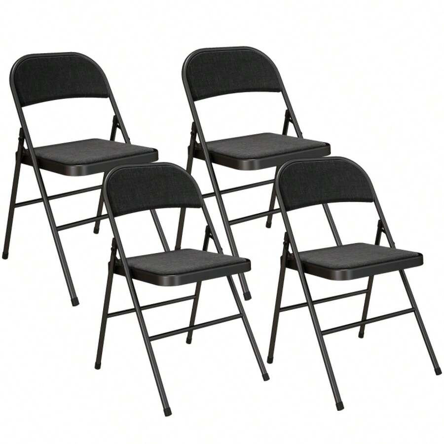 HOMCOM Set Of 4 Folding Chairs, Portable Office Chair With Cushion, Linen Look, Steel Legs, Folding Chair For Office Reception Waiting Room, Black - 1 - View 1