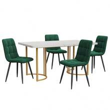 117cm Dining Table Set With 4 Chairs, Rectangular Dining Table, Modern Kitchen Table Set, Dark Green Velvet Dining Chair, Black Table Legs - White + MDF - View 8
