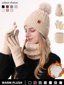 Set de 3 piezas de gorro de punto, bufanda y guantes con pantalla táctil para mujer en invierno, de doble capa y tejido con textura con decoración de pompón, adecuado para esquiar, viajar, conducir, citas, regalos y uso diario en invierno, regalo de San Valentín - Multicolor - Ver 1