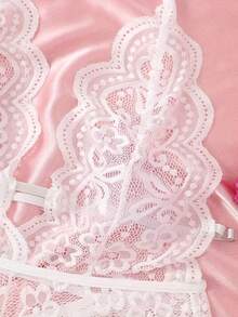 女士蕾丝连体衣 - 性感露裆内衣，白色春季款 - 白色 - 查看 5