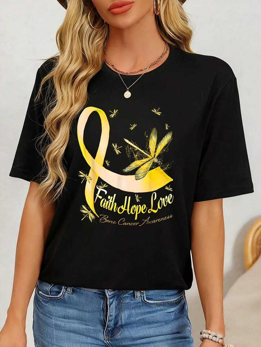 Butterfly Faith Hope Love  Women's Plus Size T-Shirt Novelty Crew Neck Top 100% Polyester Shirt Casual Funny Oversized Graphic Short Sleeve 1 Pcs Tee 220g - 黑色 - 查看 1