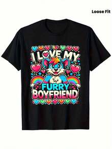 Unisex Black Modern T-Shirt 100% Cotton Loose Fit Casual Tee With I Love My Furry Boyfriend Graphic, Colorful Cartoon Dog & Rainbow Hearts Design - Sizes S-XXXL, Machine Washable Top, Fun Design, Durable Clothing - Black - View 6