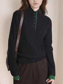 Alicedudu 女士秋冬简约撞色设计半拉链立领毛衣 - 深灰 - 查看 5