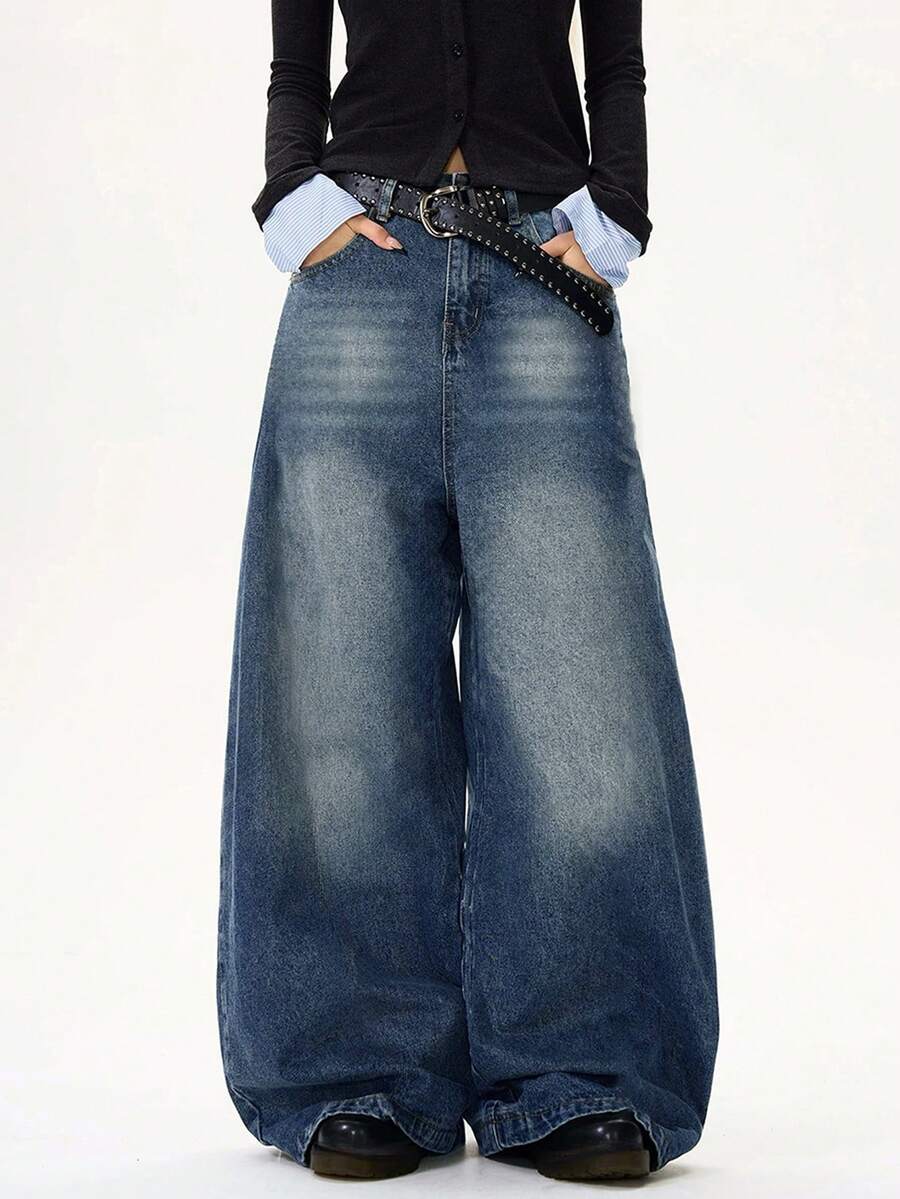 1 chiếc quần jeans ống rộng dáng suông Hearty Haven, phong cách thường ngày, đa năng, thích hợp mặc đường phố. - Màu xanh nhạt - Xem 1