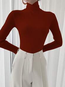 Women's Solid Color Knit Criss-Cross Collar Undershirt, Office Wear Spring New Item Casual - Red - View 4