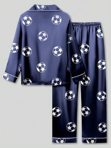 两件套男童蓝色足球印花长袖睡衣套装