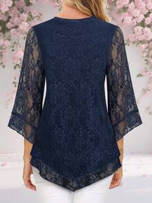 Áo kiểu nữ thanh lịch cổ chữ V hai lớp, chất liệu lưới co giãn, dáng suông, có bèo nhún, tay lỡ 3/4 kiểu chuông và thắt eo, thích hợp cho kỳ nghỉ xuân. - Màu xanh bụi bặm - Xem 4