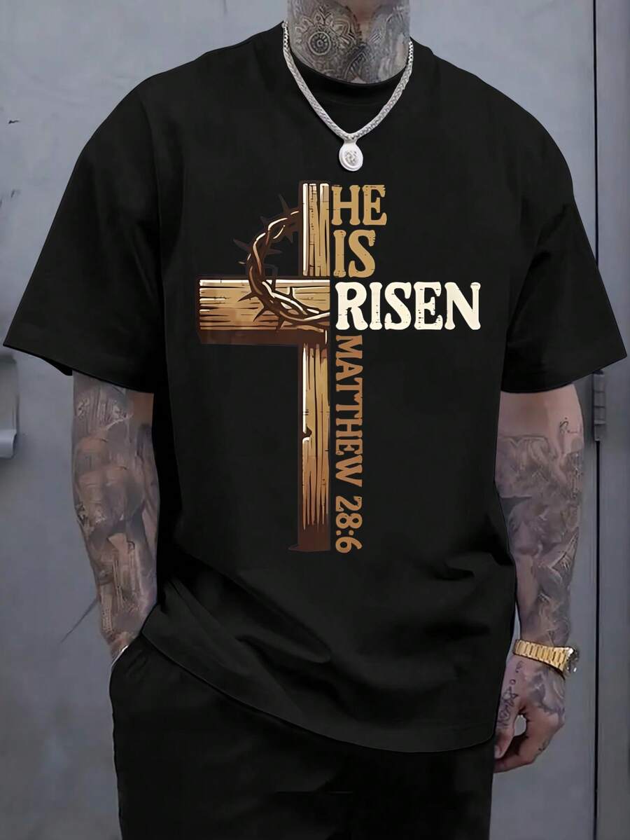 Men's Print T-Shirt - He Is Risen Matthew 28:6 Cross Crown Thorns Casual Round Neck Short Sleeve Tee For Urban Streetwear, All-Season Comfort Fit
-Black - 黑色 - 查看 1