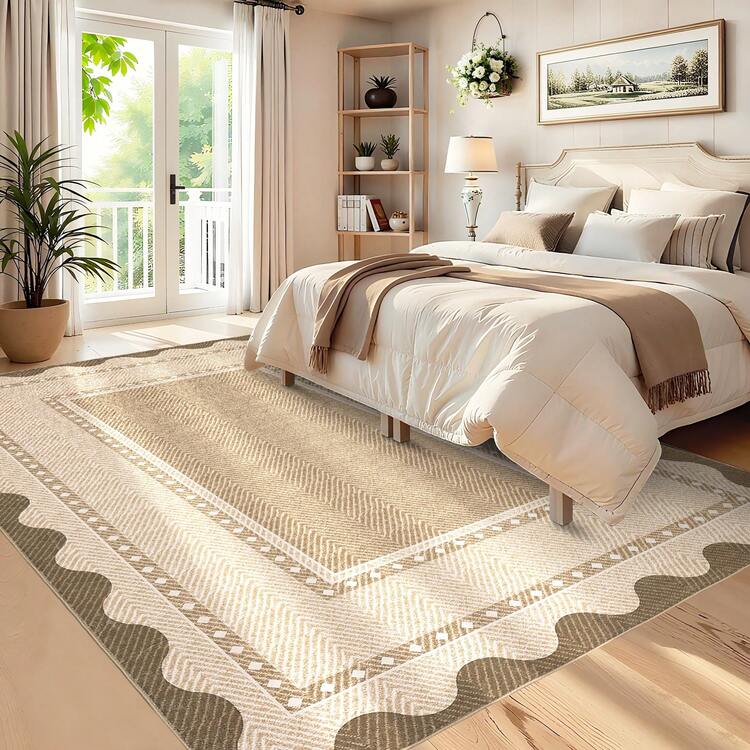1PCS Room Decor Bordered Rug Scalloped Geometric Pattern Modern Washable Low Pile Area Rug For Living Room Bedroom Contemporary Non Slip Large Rug Low Pile Stain Resistant Carpet For Classroom Dining Room Runner For Hallway Kitchen Enterway - Màu vàng trâu - Xem 1