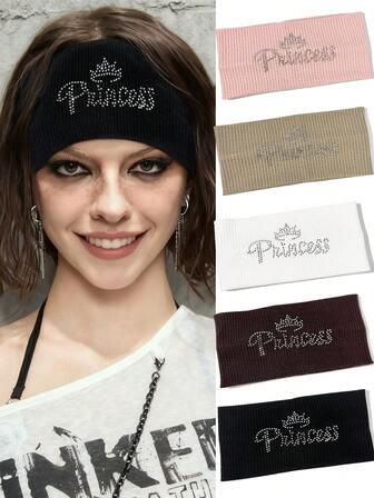 5pcs Women's Casual Soft Absorbent Rhinestone Print Knitted Wide Ribbed Sports Headbands, Suitable For Indoor Fitness, Outdoor Sports, Outfit Matching, Decoration, Any Occasion Fashion Hair Bands Winter Hair Accessories