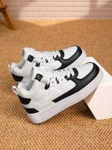 Cute And Casual All-Season Non-Slip Comfortable Versatile Wear-Resistant Lightweight High-Top Flat Shoes For Boys And Girls, Suitable For School, Running, And Sports. - Đen và trắng - Xem 4