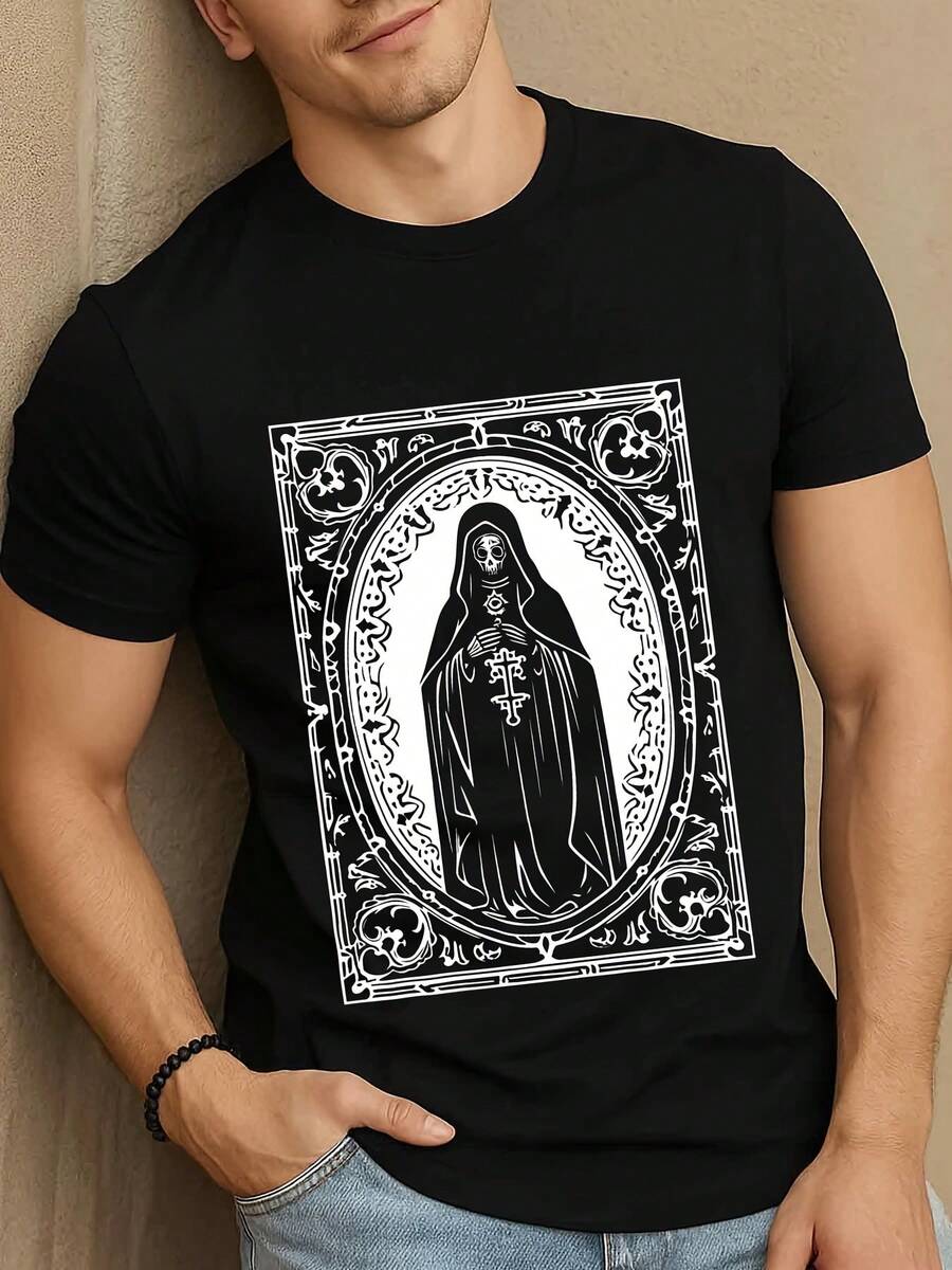 1pc mens gothic nun t shirt 180g heavyweight 100 cotton short sleeve round neck casual costume wear spanish text religious top for themed parties everyday outfits