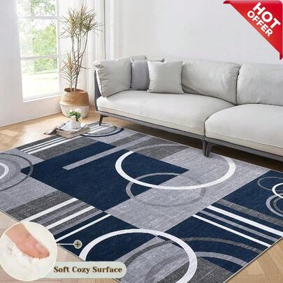 Washable Rugs For Home Living Room, Multiple Sizes Available, Velvet Rectangular Large Indoor Outdoor Area Rug, Non-Shedding Waterproof Stain Resistant Easy Clean, Modern Abstract Geometric Circle Stripe Navy Grey White Soft Carpet For Patio Deck Porch Bedroom Kitchen Bathroom RV Hallway Garden, Home Decor Rug For Bathroom Accessories
