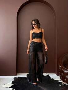 Women's 2 Pieces Sequin Party Set – Sparkly Spaghetti Strap Crop Top & High-Waisted Wide-Leg Sheer Sequin Pants - Black - View 8
