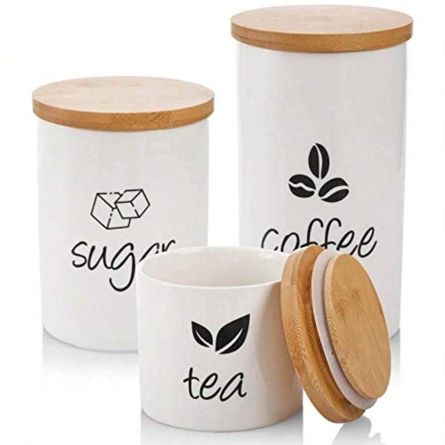 WSXC AVLA 3 Pack Ceramic Canister Set 30/22/12 OZ Kitchen Airtight Food Storage Jar With Bamboo Lids Coffee Sugar Tea Storage Containers Pots Jars For Counter Farmhouse Kitchen Decor White - White - View 1
