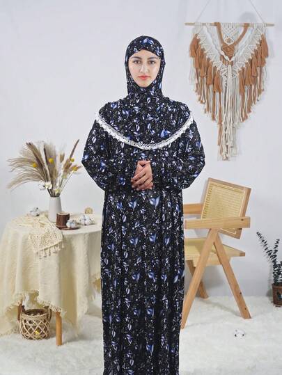 Långärmad böneklänning med huva, volangringning och blommönster för kvinnor, abayamantel för daglig ramadanbön, muslimskt plagg i vävt tyg, passar alla fyra årstider