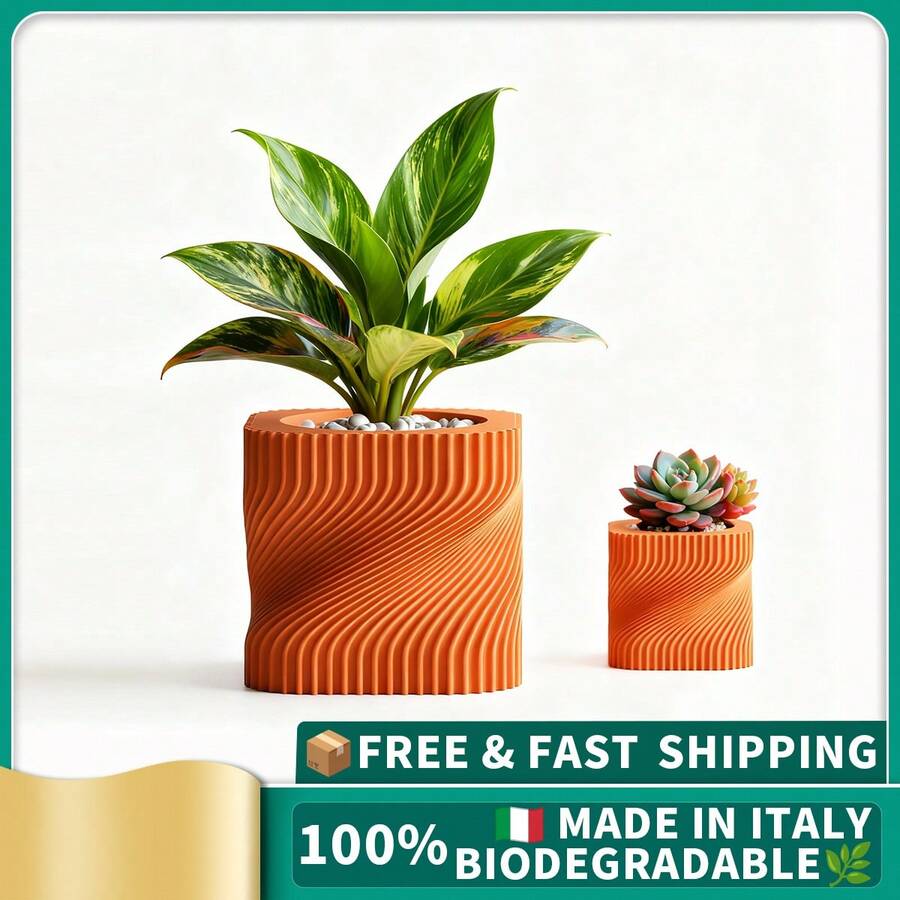 ORIZZONTE Modern Decorative Vase With Intertwined Spiral Structure – Dynamic Minimal Design For Plants, Cactus, Bonsai – Home/Office Gift Idea – Available In 2 Sizes – 100% Made In Italy, Shipping From Italy - 橘色 - 查看 1