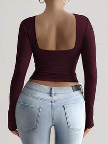 Vaiaye Women's Long Sleeve Sexy Backless Fitted Christmas Activewear Top - Burgundy - View 1