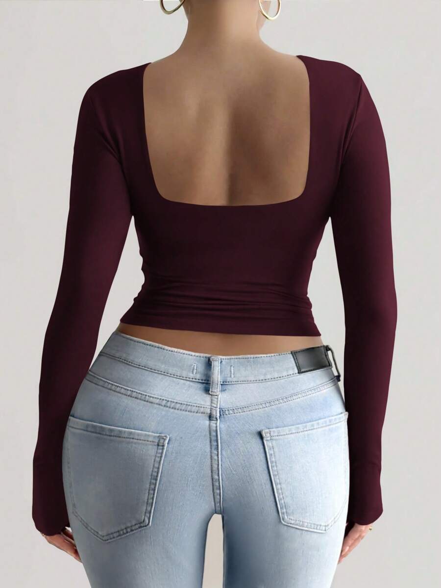 Vaiaye Women's Long Sleeve Sexy Backless Fitted Christmas Activewear Top - Burgundy - View 1