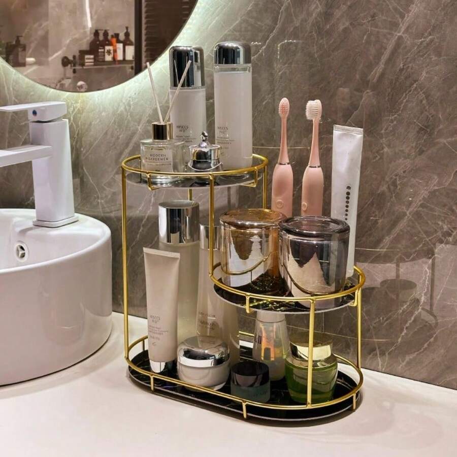 Multifunctional Iron Makeup Organizer Rack, Bathroom Countertop Storage Box, Cosmetic Display Shelf - Black - View 1