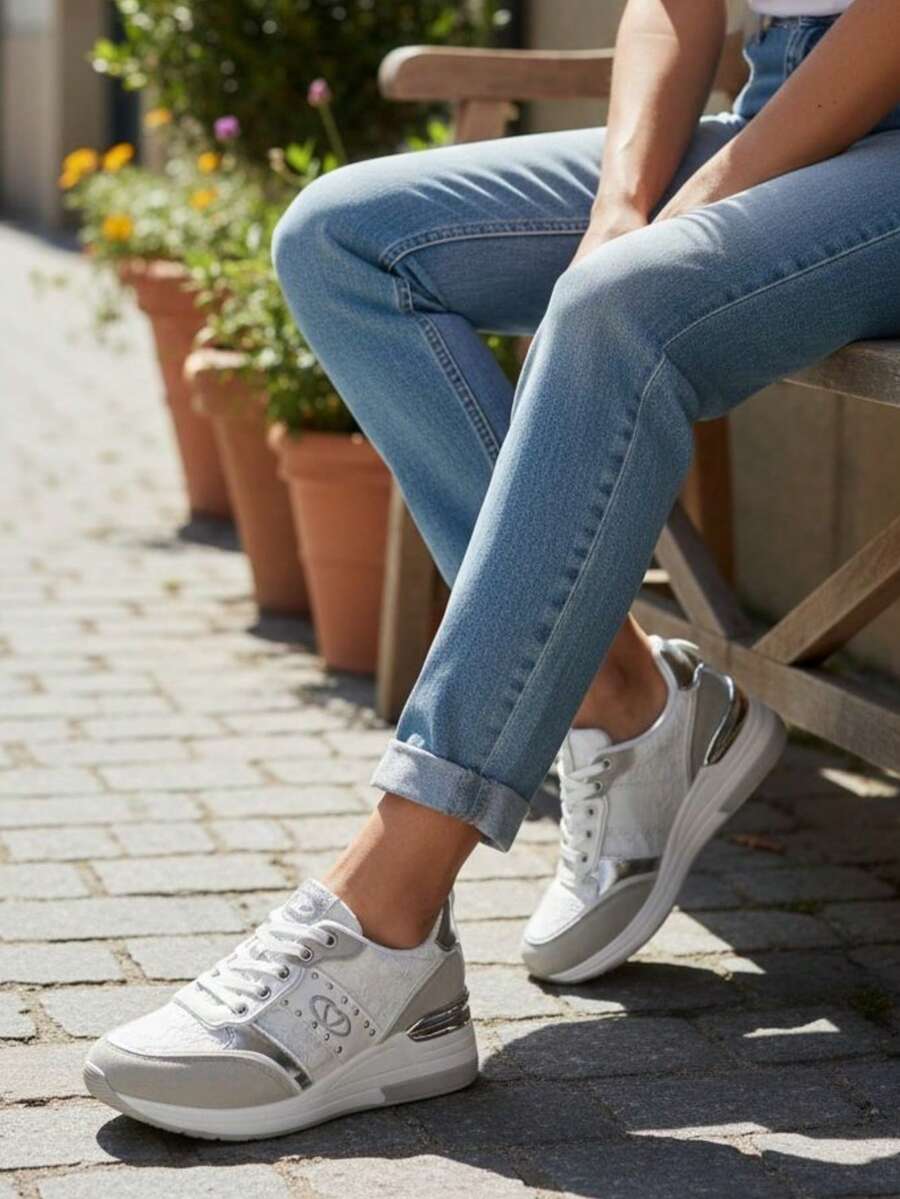 Modische, vielseitige Plateausneaker mit Farbblöcken - Beige - Übersicht 1