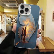 Cubierta de telefono con borde duro para iPhone 15 Pro Max Azul Oscuro con estampado de mariposa y silueta de pareja en atardecer Para uso diario en cafeterias y salones - Blanco - Ver 2