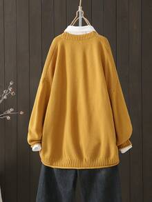 Plus Size Solid Color Front Buttoned Long Sleeve Pocket Top, Casual Daily Wear, For Winter - Yellow - View 2