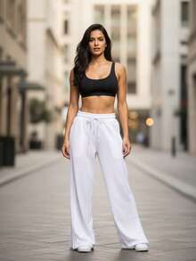 WUUW Women's Casual Fashion Sports Drawstring Straight Sweatpants With Side Stripes For Sports And Leisure - trắng - Xem 3