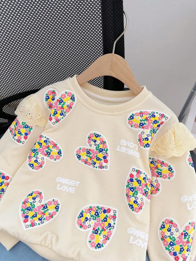 M.Dian xi Sudadera con estampado de corazón floral para niñas de 2 a 5 años, tops de moda para niños en primavera y otoño - Beis - Añade 3