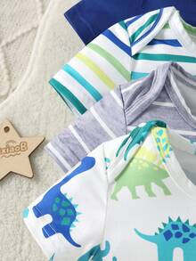4pcs/Set Baby Boys' Cartoon Dinosaur & Wild Animal All-Over Print Round Neck Short Sleeve Bodysuit Outfit, Summer - Multicolor - View 4