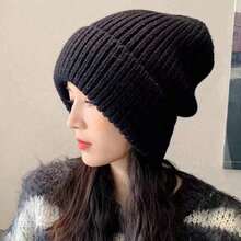 1pc Ladies Multi-Color Chunky Knit Korean Knitted Piled Cap, Fall/Winter All-Match Beanie Hat For Warmth, Ear Protection And Loose Fit, Cold-Proof Hat - 黑色 - 查看 8