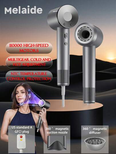 Melaide 美莱德专业高速吹风机 – 负离子技术 | 110,000转/分钟无刷电机，超快速干发 | 低噪音智能温控 | 磁吸式可拆卸风嘴及防漏设计 | 送给美发爱好者的完美礼物
