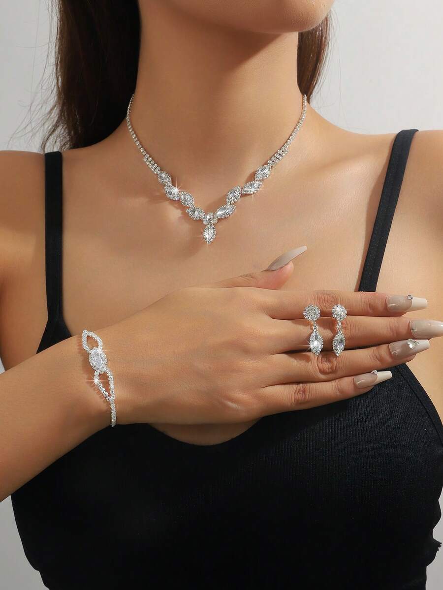 4pcs Luxury Fully Rhinestone Leaf Geometric Necklace Set, Women's Elegant Fashion Silver Jewelry Suitable For Wedding, Party, Banquet, Gift - Silver - View 1
