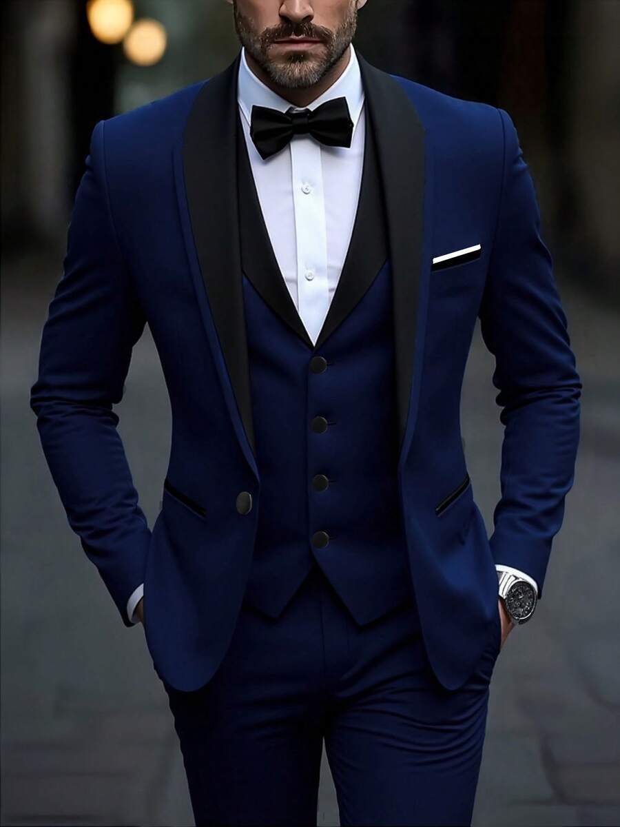 SuitGent 三件套男士高品质商务西装，纯色新郎婚礼礼服，修身休闲西装外套和裤子套装，春季款