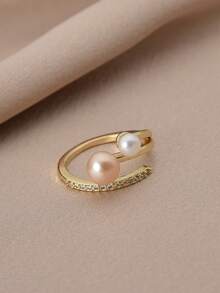 1pc 18K Gold Plated Natural Freshwater Pearl & Cubic Zirconia Adjustable Open Ring For Women - Multicolor - View 5