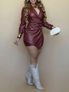 ChicMe Womens PU Leather Bodycon Dress Long Sleeve Notched Collar Faux Two Pieces Wrap Mini Dress Metal Button Casual Party Outdoor Y2K Outfit - Burgundy - View 4