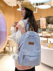 Mochila minimalista de gran capacidad para mujer de unicolor, mochila funcional de pana con parche de letra, de gran capacidad, ligera y portátil, perfecta para adolescentes, mujeres, estudi - Azul - Ver 7