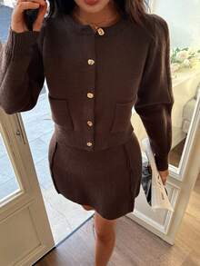 DEEKA Autumn/Winter New Women's Gold Button Crew Neck Fitted Long Sleeve Knit Cardigan & High Waist Elastic Mini Skirt Set - Brown - View 3