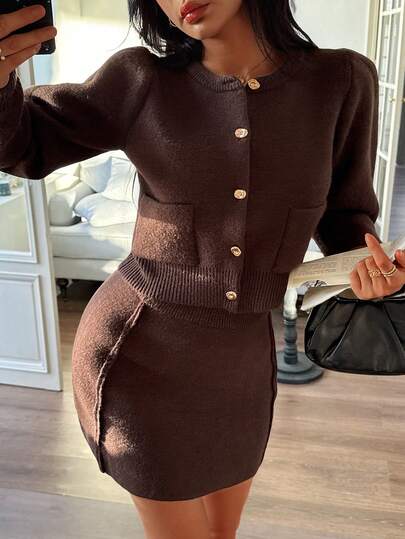 DEEKA Autumn/Winter New Women's Gold Button Crew Neck Fitted Long Sleeve Knit Cardigan & High Waist Elastic Mini Skirt Set