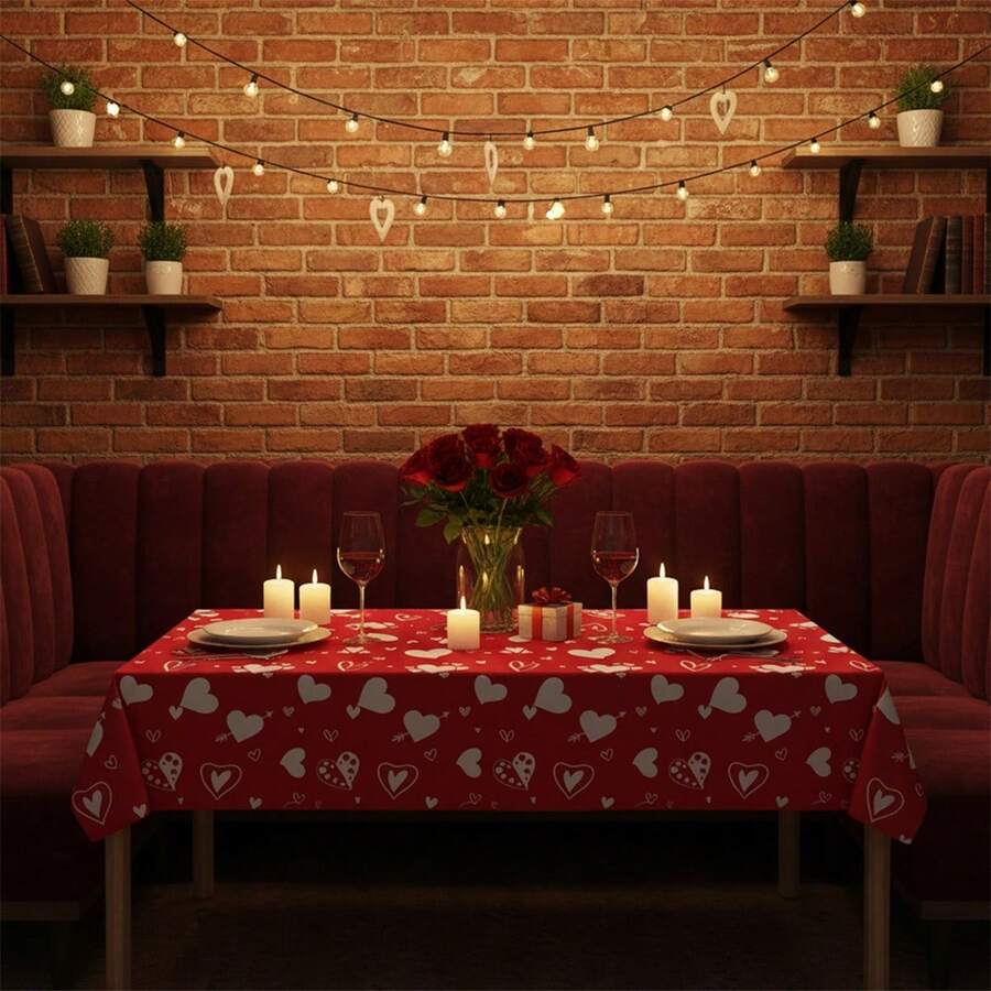 Valentine's Day Plastic Tablecloth Red Heart Disposable Romantic Rectangle Table Cloth For Dining Room - 紅色 - 查看 1