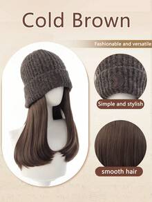 Synthetic Hat Wig Knitted Hat Wig, Hat Hair Extension Straight Hair Grey Hat Wig With Attached Synthetic Hairpiece For Women Girls Winter -Cold Brown Brown Black - Multicolor - View 8