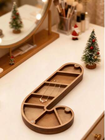 Cute Christmas Wooden Candy Cane Multi-Compartment Storage Box With Acrylic Lid, Organizer For Jewelry, Cosmetics, Snacks Desk Supplies & Tabletop Essentials
