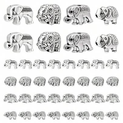 PH PandaHall 40pcs Elephant Spacer Beads, 4 Style Lucky Elephant Animal Beads  Alloy Carved Loose Beads For DIY Necklace, Bracelet, Earring Kaychain Jewelry MaFKing, Antique Silver,Silver