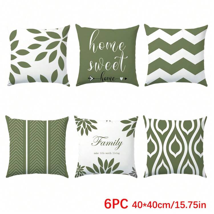 6 件简约日常绿色几何“甜蜜之家”抱枕套，单面印花柔软桃色天鹅绒面料，45*45/50*50/40*40 厘米靠垫套适用于室内装饰、派对、礼物 - 6pc-綠色 - 查看 13