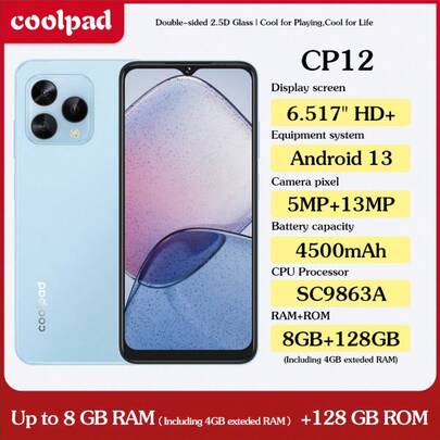 Coolpad COOL CP12，Android 13 系统，6.517 英寸高清+显示屏，颜色：浅蓝、深蓝、黑色，CPU：SC9863A，8GB（含 4GB 可扩展内存）+ 64GB 和 8GB（含 4GB 可扩展内存）+ 128GB 存储选项，1300 万像素三摄，4500mAh 电池，双卡双待，支持 4G 充电，欧标智能手机