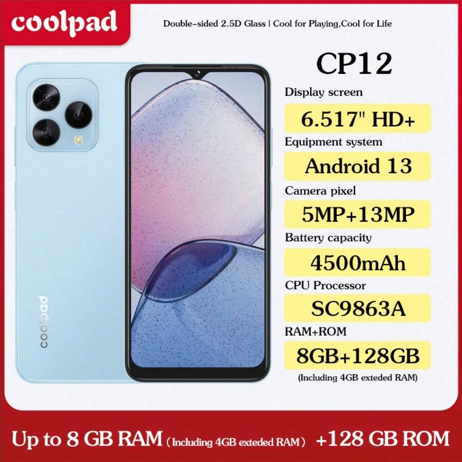 Coolpad COOL CP12，Android 13 系统，6.517 英寸高清+显示屏，颜色：浅蓝、深蓝、黑色，CPU：SC9863A，8GB（含 4GB 可扩展内存）+ 64GB 和 8GB（含 4GB 可扩展内存）+ 128GB 存储选项，1300 万像素三摄，4500mAh 电池，双卡双待，支持 4G 充电，欧标智能手机