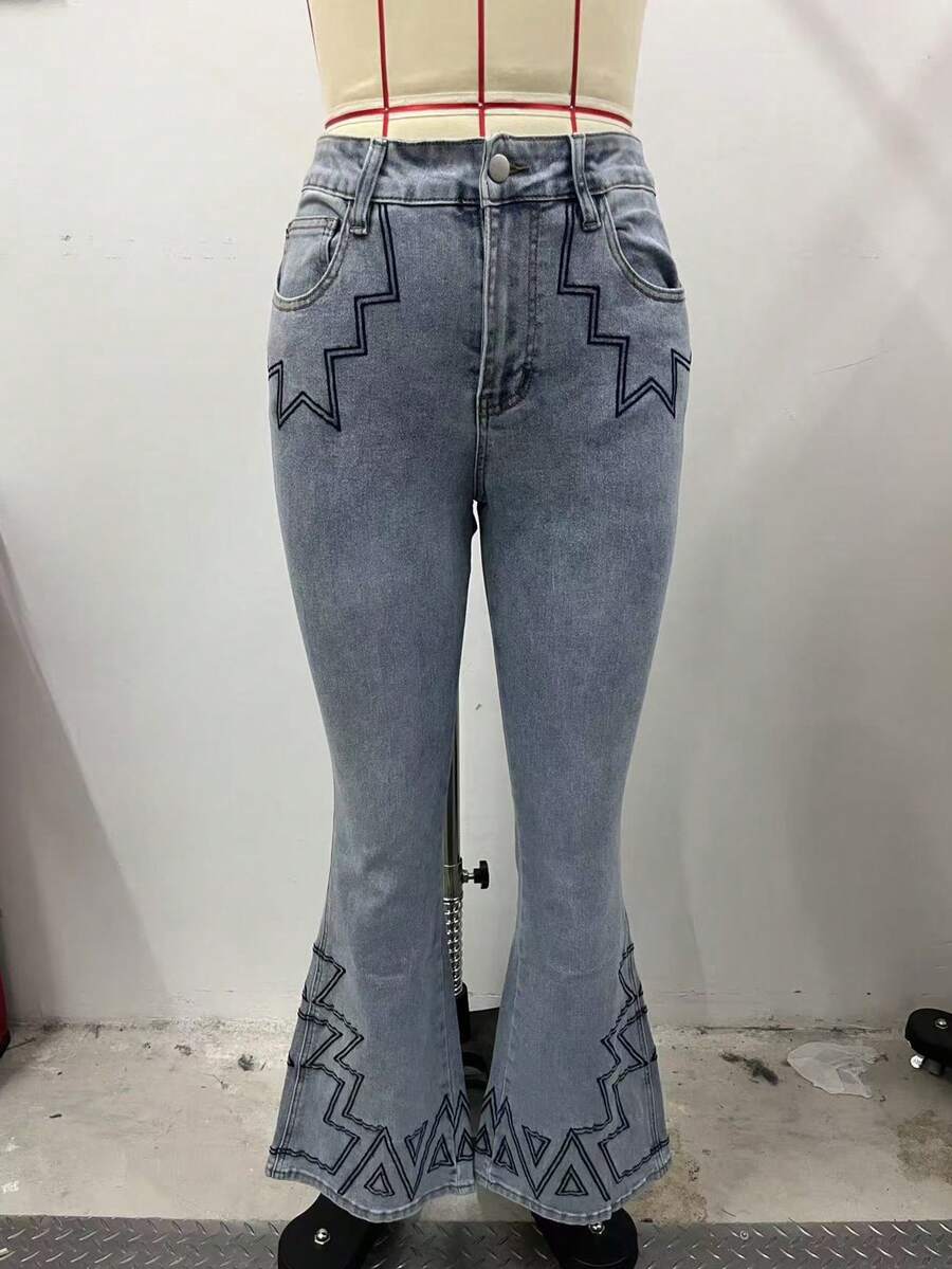 Jeans acampanados bordados y lavados con ajuste Elastic, adecuados para usar y desgastarse todos los días, para mujeres