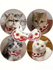1pc Handmade Crochet Elastic Strawberry Bow Cat Collar, Pet Accessory Decoration - Multicolor - View 6