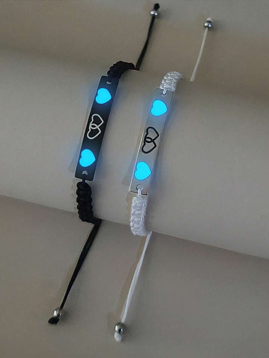 ATLVXJL 2pcs/Set Glow-In-The-Dark Couple/Friendship Stainless Steel Double Heart Pendant Adjustable Rope Bracelet Set, Suitable For Daily Wear And Valentine's Day Gift